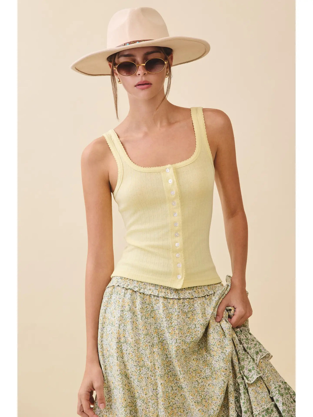 Pointelle Button Front Cami Tank