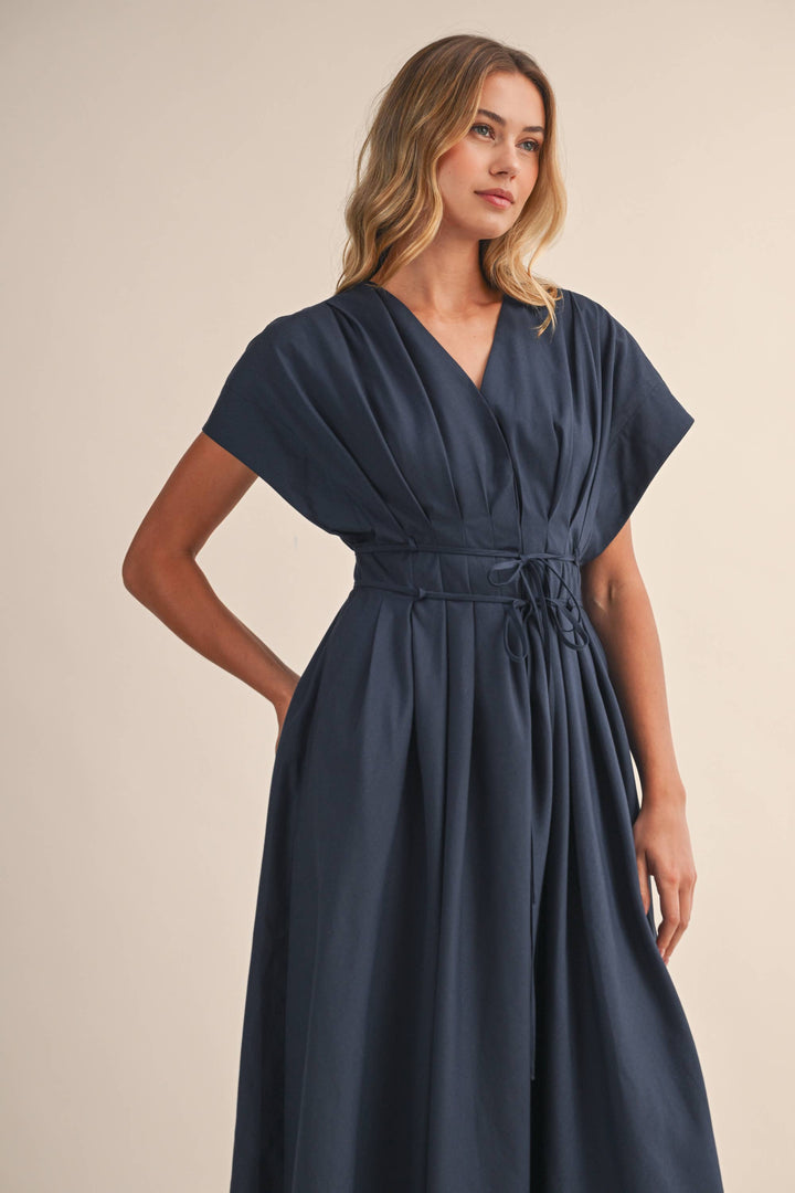 Poplin Short Sleeve Pleated Maxi Dress