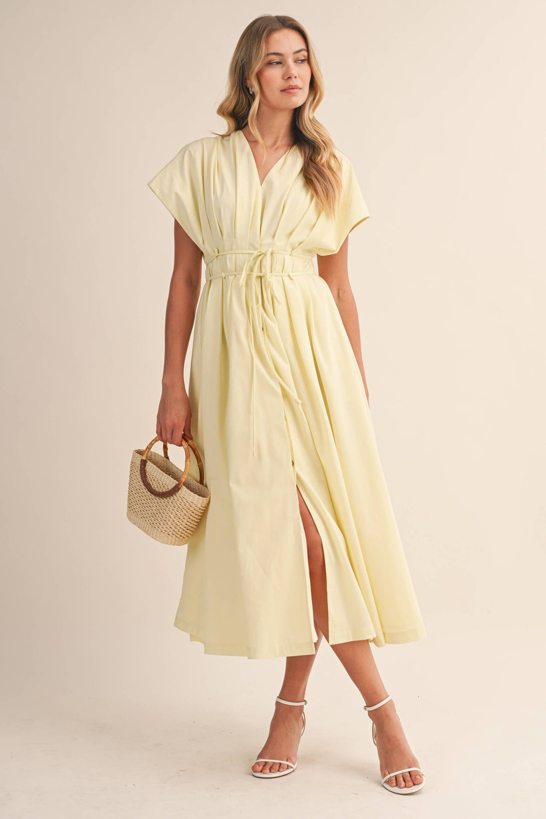 Poplin Short Sleeve Pleated Maxi Dress