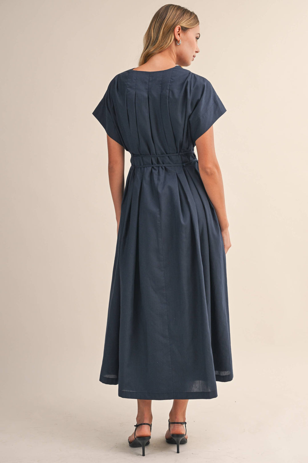 Poplin Short Sleeve Pleated Maxi Dress