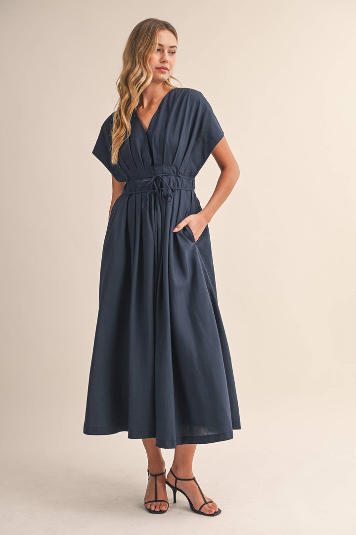 Poplin Short Sleeve Pleated Maxi Dress