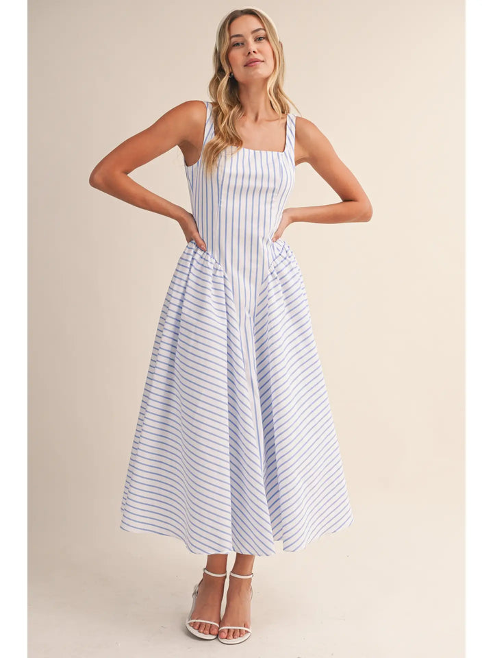 Striped Sleeveless Side Gathered Flared Midi Dress