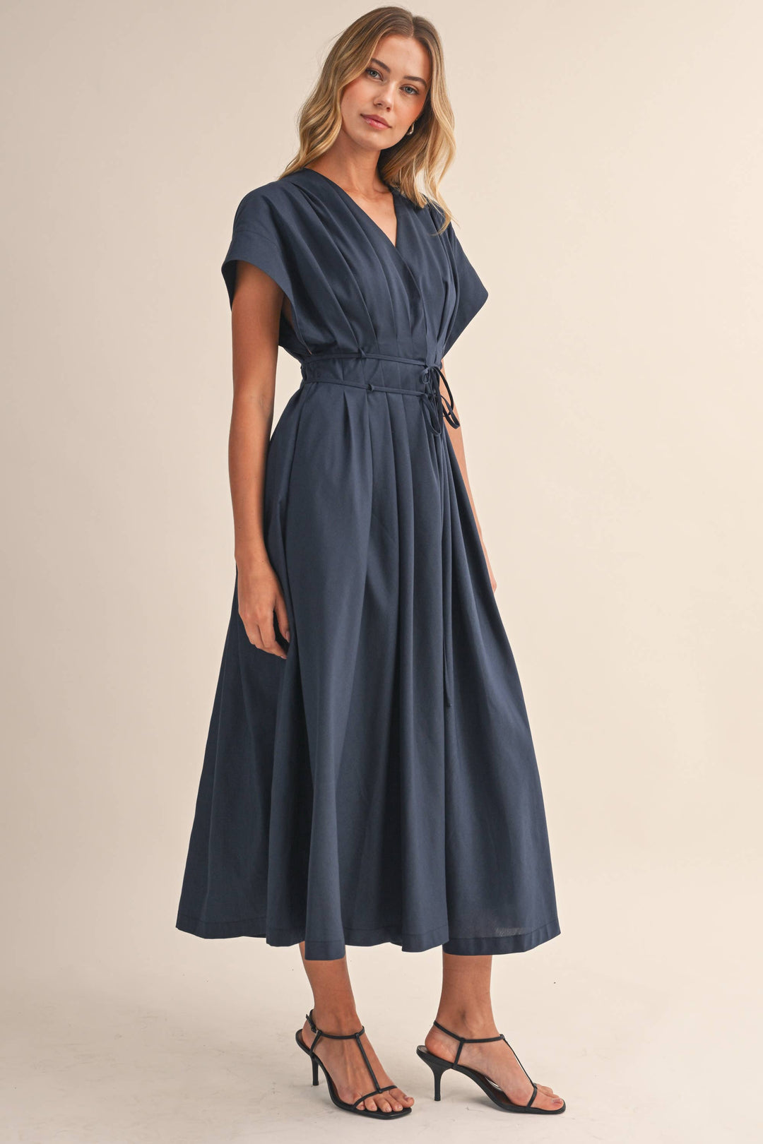 Poplin Short Sleeve Pleated Maxi Dress