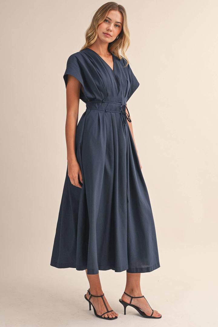 Poplin Short Sleeve Pleated Maxi Dress