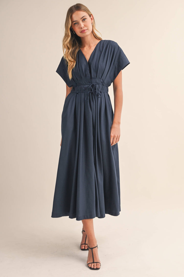 Poplin Short Sleeve Pleated Maxi Dress