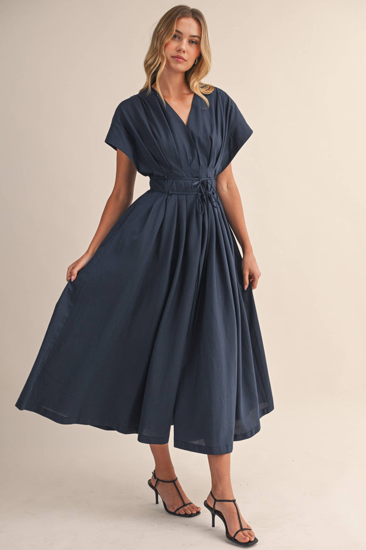 Poplin Short Sleeve Pleated Maxi Dress