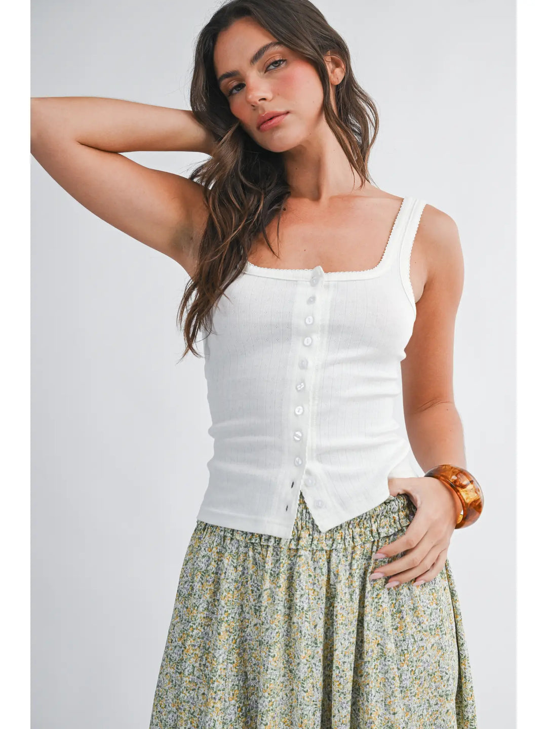 Pointelle Button Front Cami Tank