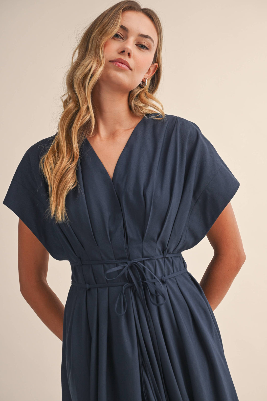 Poplin Short Sleeve Pleated Maxi Dress