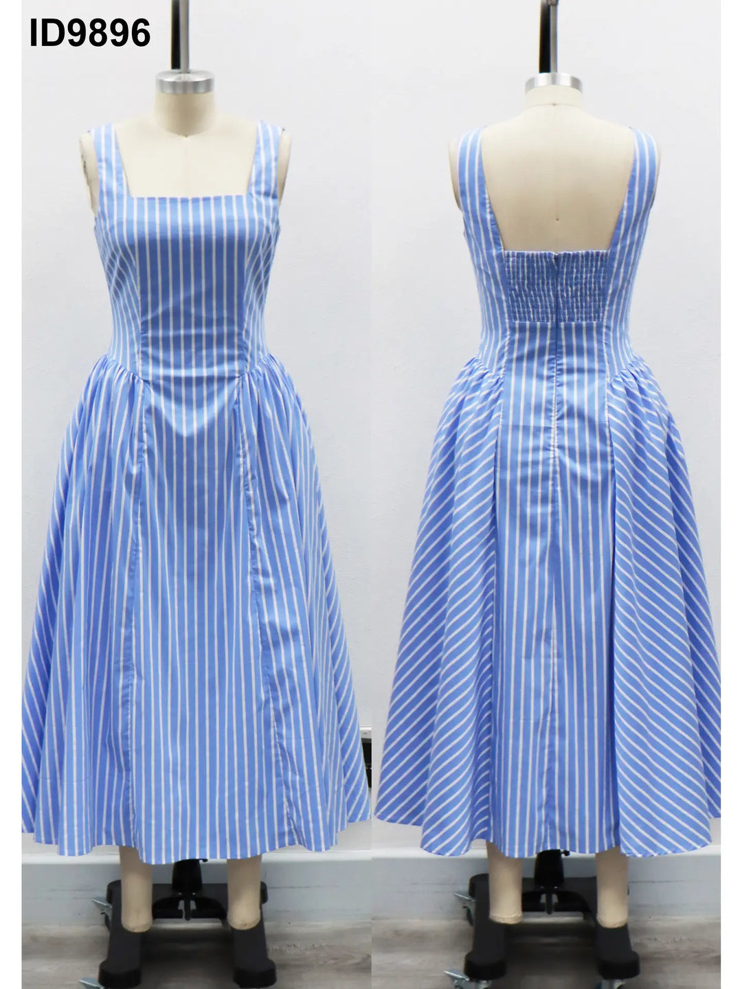 Striped Sleeveless Side Gathered Flared Midi Dress