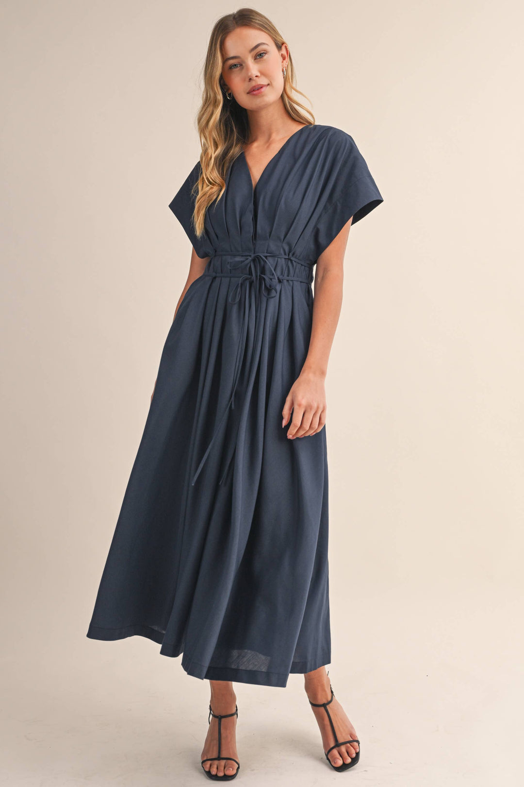 Poplin Short Sleeve Pleated Maxi Dress
