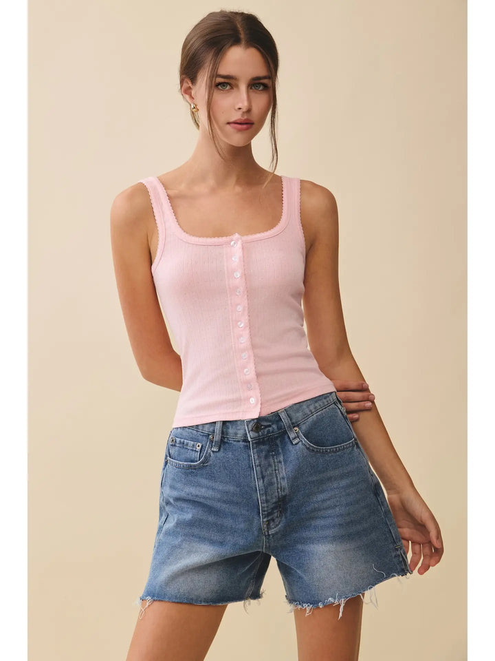 Pointelle Button Front Cami Tank